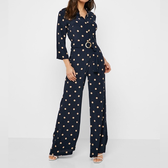 Mango Pants - NWOT floor length maxi belted bodysuit 70s disco coastal polka dot